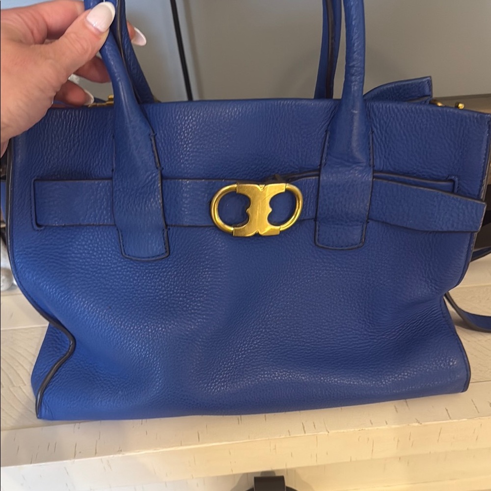 Tory Burch Blue and Gold Tote with Structured Design